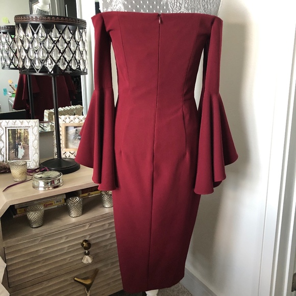 NWT MILLY Italian Cady Bell Sleeve Bordeaux Selene Dress size 4 - Picture 4 of 12